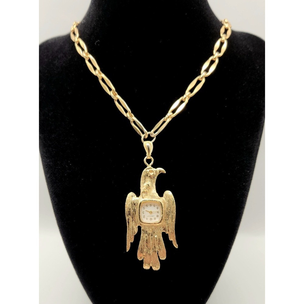 Vintage Caravelle Manual Wind Eagle Thunderbird Pendant Watch Gold Tone Necklace